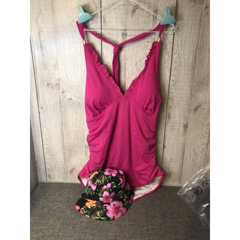 Women's Pink Swim Suit with Hawaiian Floral Black Bucket Beach Hat Size 3XL. E1 - Picture 7 of 10